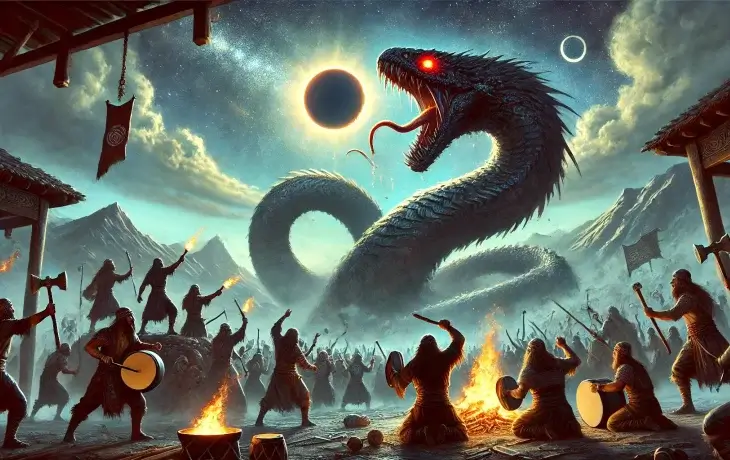 Yelbegen – Türk mitolojisinde güneşi ve ayı yutmaya çalışan dev yılan, karanlık ve ışık dengesinin sembolü